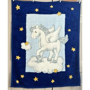 Vintage Baby Mink Blanket Pegasus Deep Royal Blue Stars‎ Clouds Dreams 43"x 53"